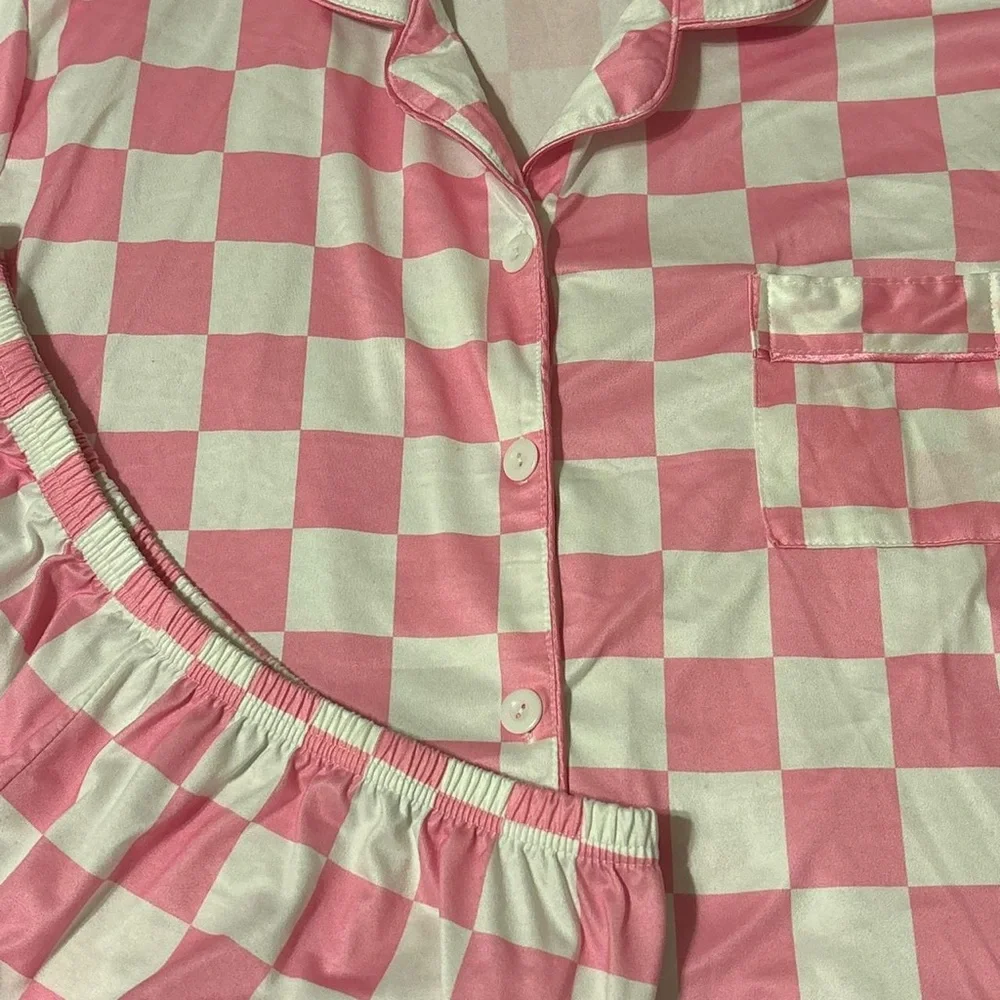 Pink and White Checkered Women's Pajamas - Picture 2 of 5
